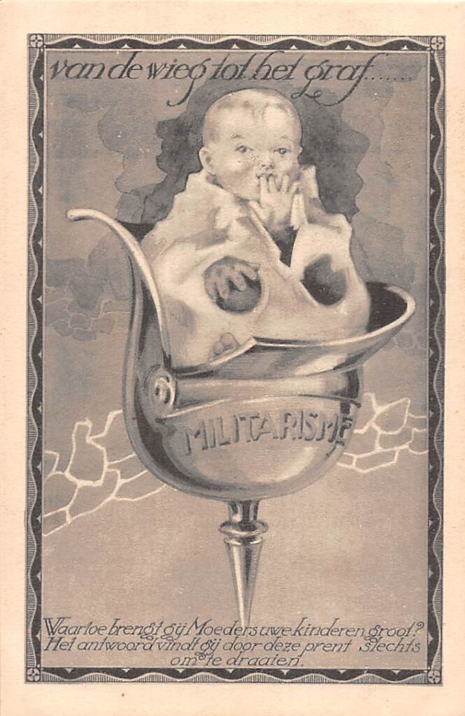 World War 1 postcard depicting an upturned Prussian helmet with skull with MILITARISM written upon it, holding an upright infant with caption "From the cradle to the grave... What do you Mothers raise your children for?" MILITARISM & DEATH.